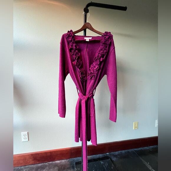 Spiegel 100% wool flowered ruffle trim belted cardigan wrap - Picture 1 of 7